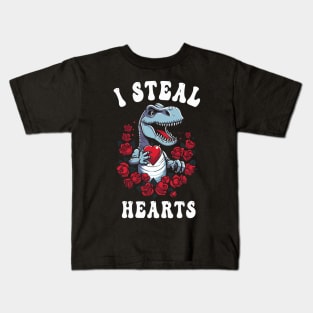 Boys Valentines Day Dinosaur I Steal Hearts Men Love T Rex Kids T-Shirt